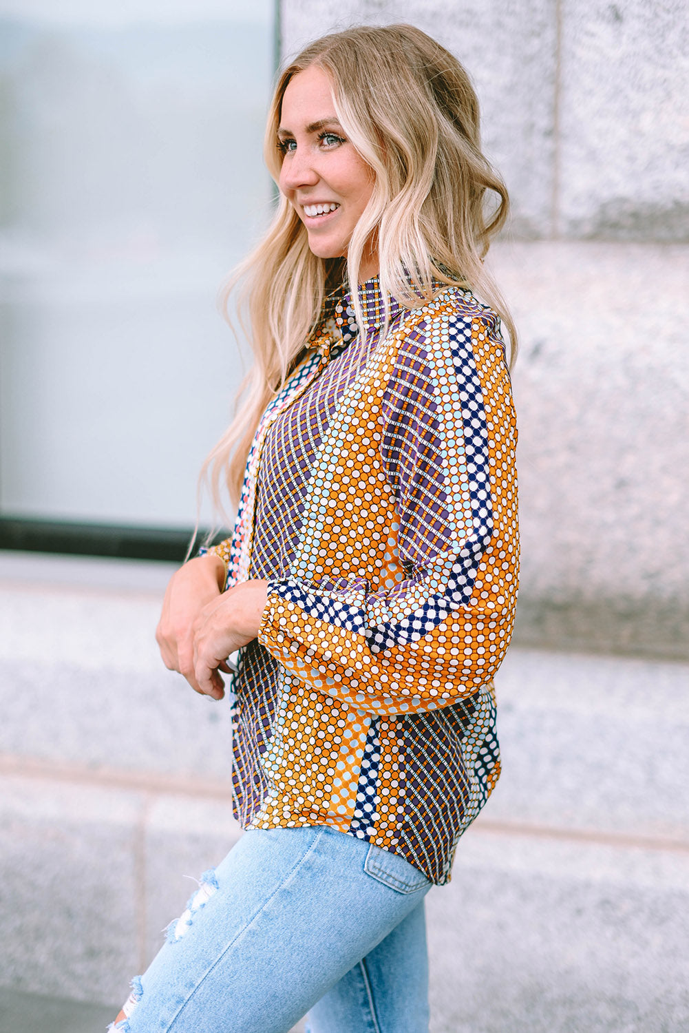 Brown Dot Print Long Sleeve Button Down Shift PLUS Shirt by Threaded Pear