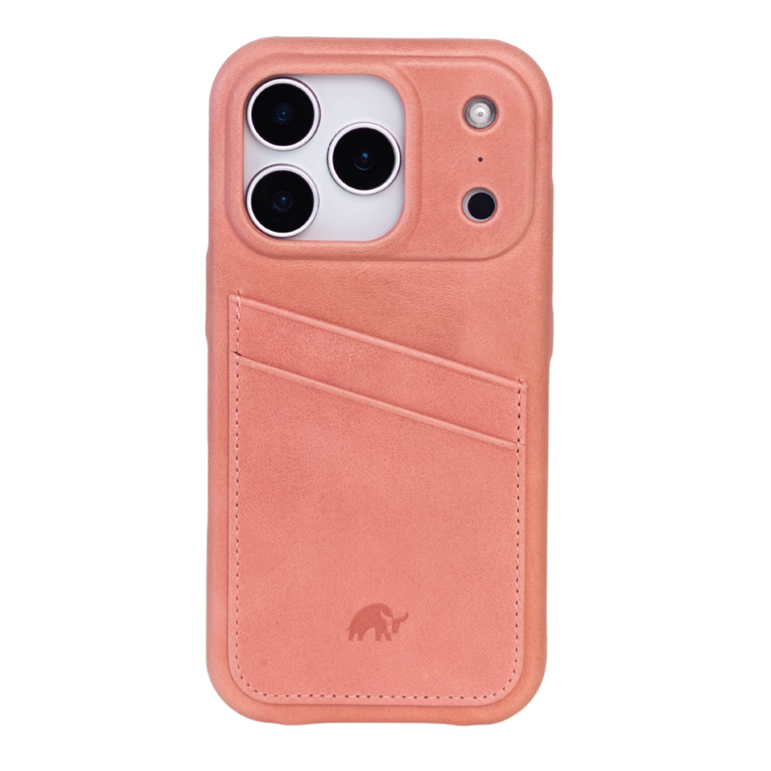 Coral-pink leather smartphone case with stitched dual card pocket and small embossed elephant logo