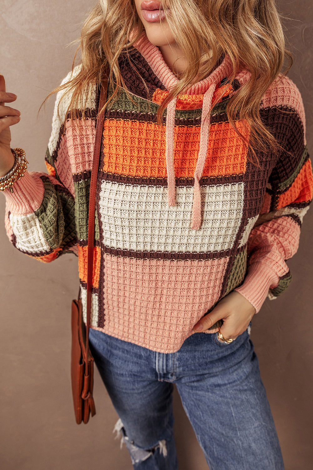 Zoey Waffle Knit Drawstring Mock Neck Sweater - Threaded Pear