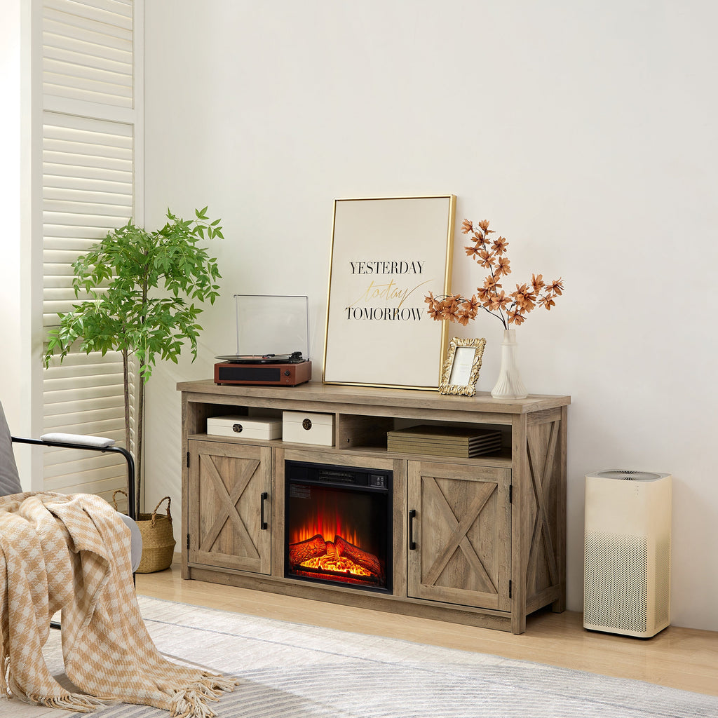 Farmhouse TV Media Stand, Large Barn Inspired Home Entertainment Console, With 18' Fireplace