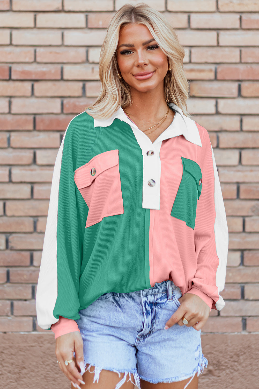 Kehlani Ribbed Collared Oversized Sweatshirt - Threaded Pear