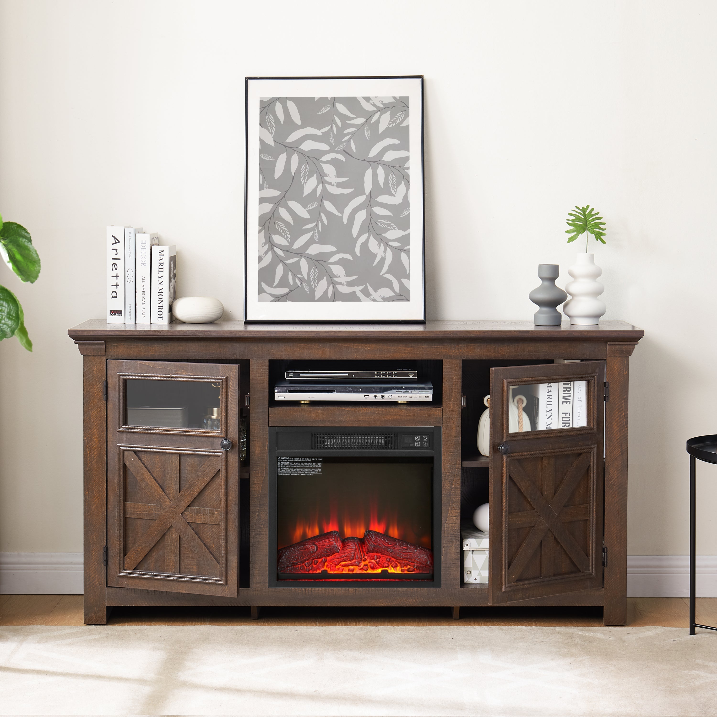 2 Doors Cabinet Farmhouse TV Stand With 18' Fireplace Insert