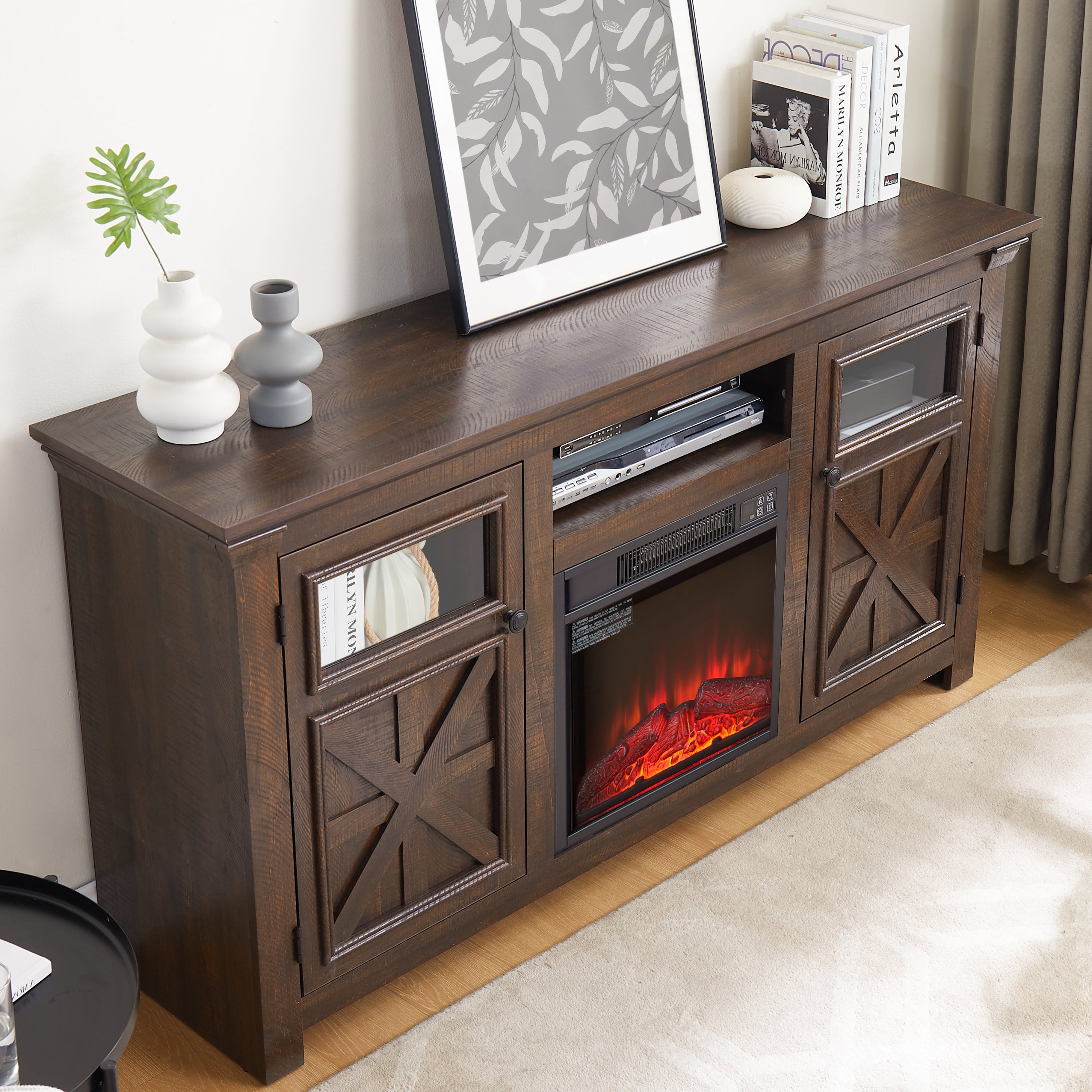 2 Doors Cabinet Farmhouse TV Stand With 18' Fireplace Insert