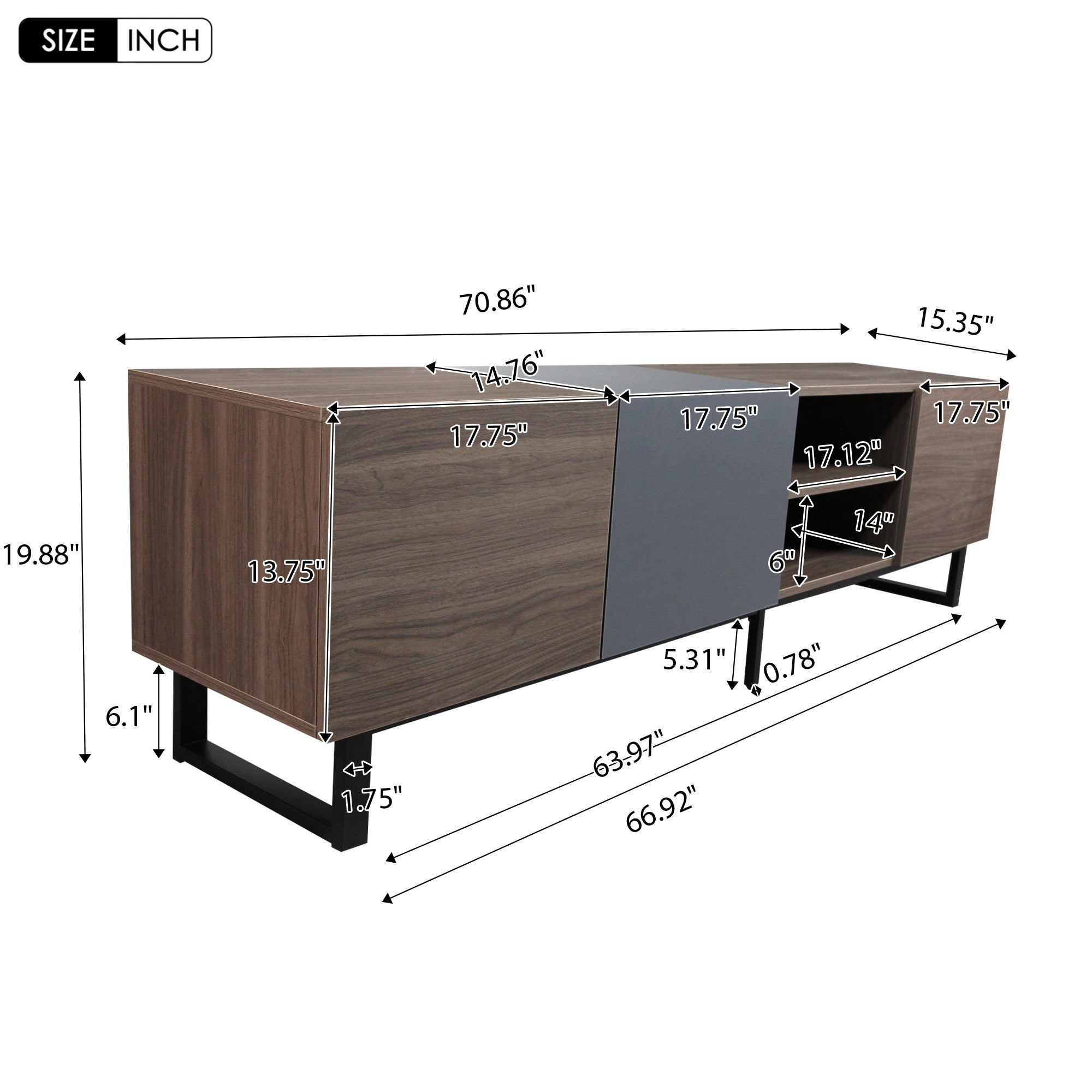 Modern TV Stand With 3 Cabinets & Open Shelves