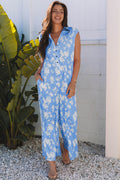 Stella Floral Half Button Wide Leg Jumpsuit - Threaded Pear