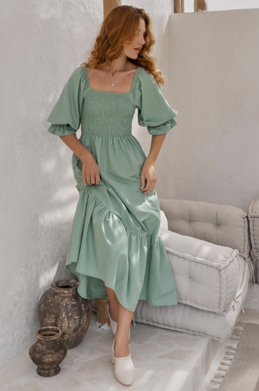 Almeria Smocked Midi Linen Dress