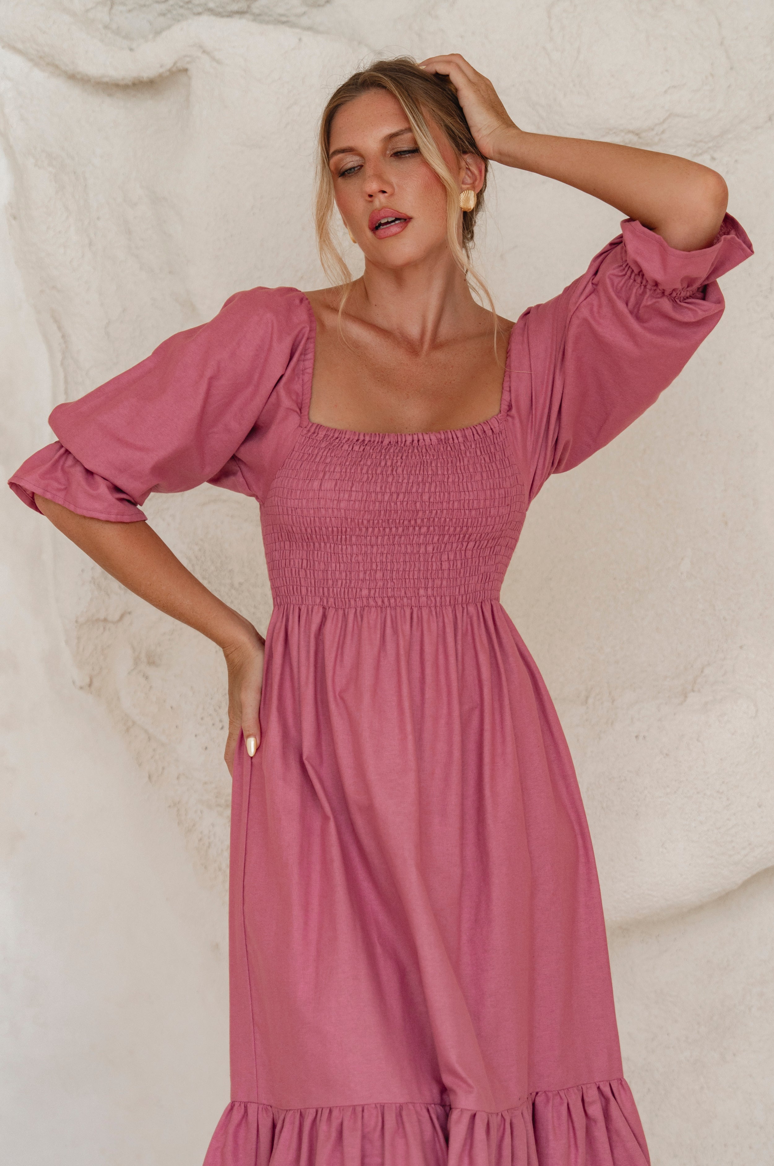 Almeria Smocked Midi Linen Dress