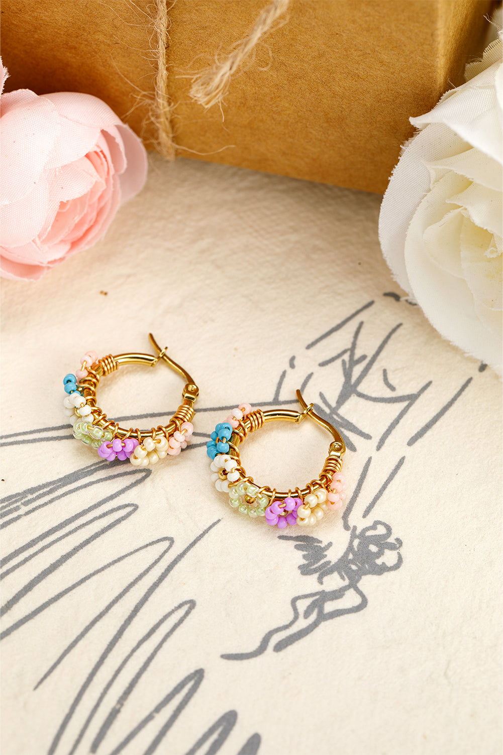 Gold Beaded Flower Hoop Earrings - Threaded Pear