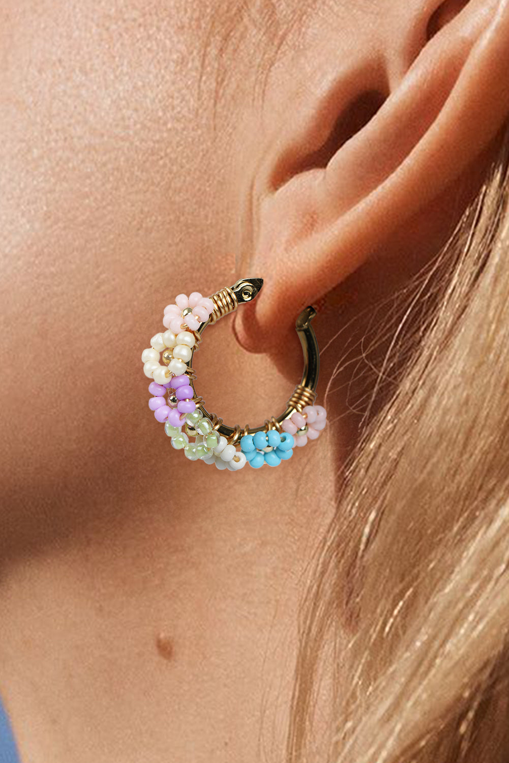Gold Beaded Flower Hoop Earrings - Threaded Pear