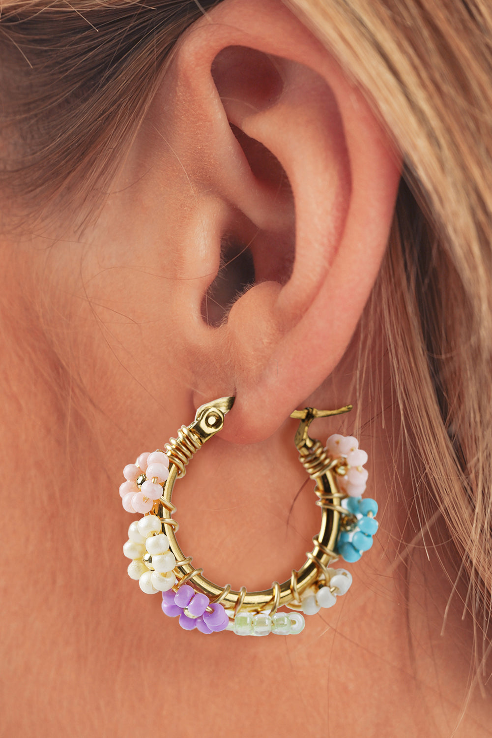 Gold Beaded Flower Hoop Earrings - Threaded Pear