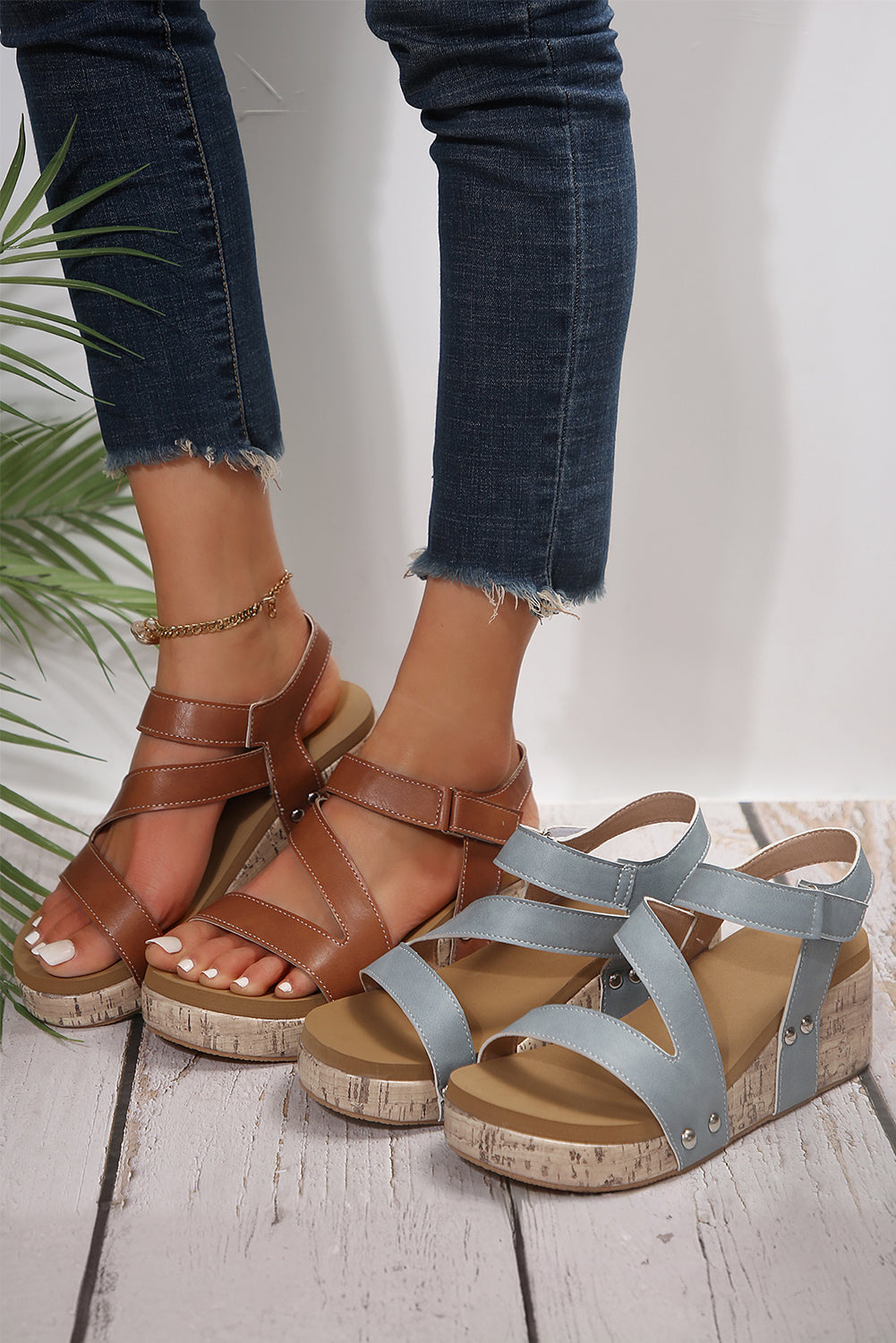 Hollow Out Velcro Leather Wedge Sandals - Threaded Pear