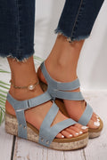 Hollow Out Velcro Leather Wedge Sandals - Threaded Pear