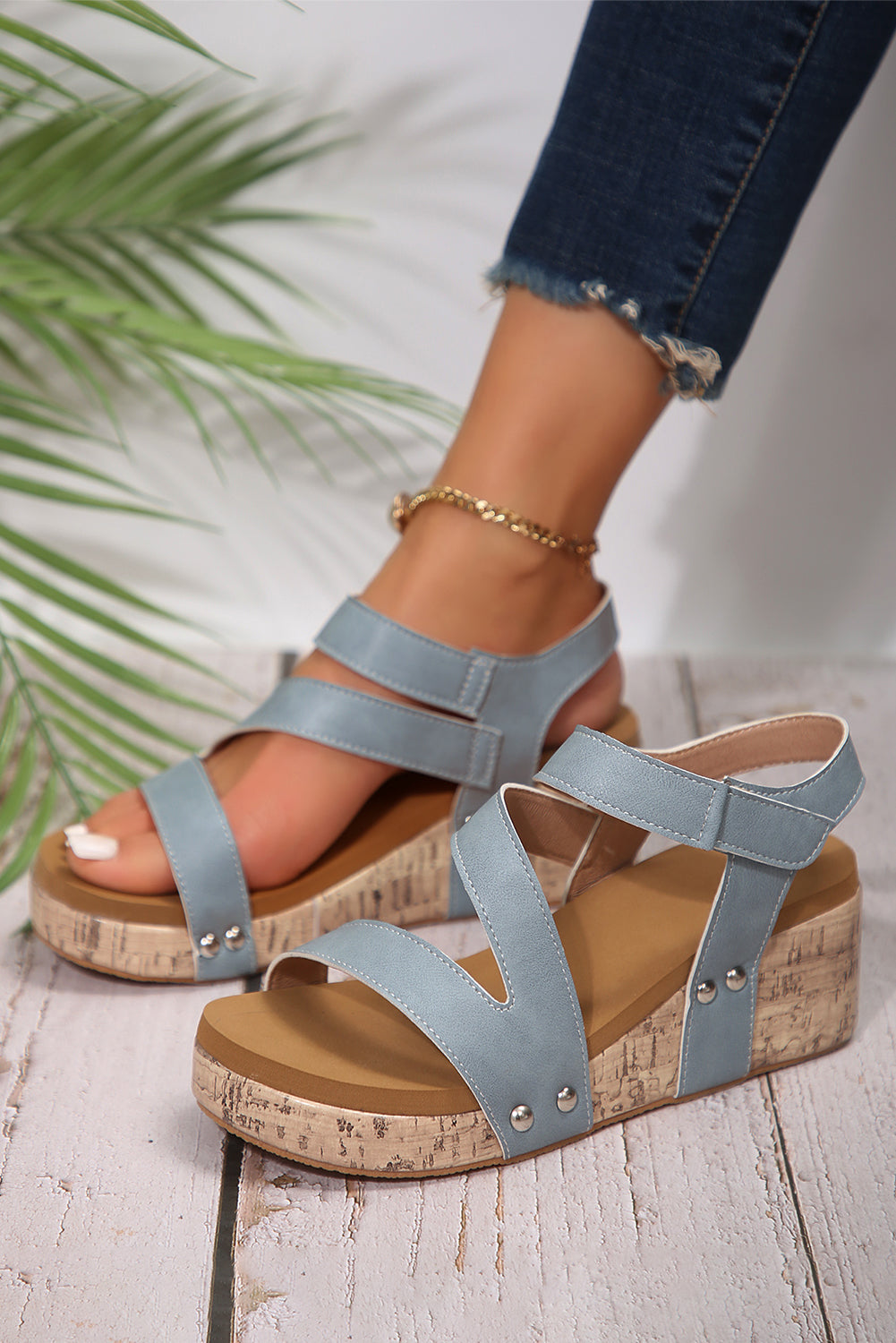 Hollow Out Velcro Leather Wedge Sandals - Threaded Pear