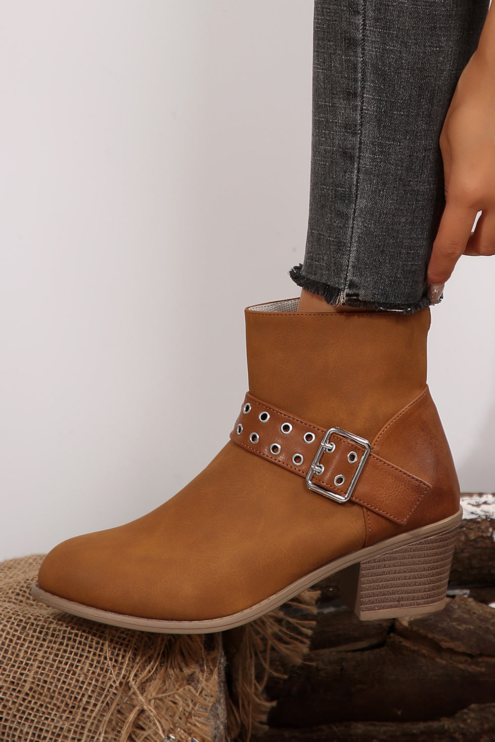 Eyelet Buckled Ankle Boots - Threaded Pear
