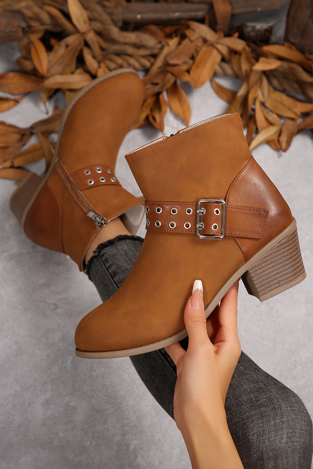 Eyelet Buckled Ankle Boots - Threaded Pear