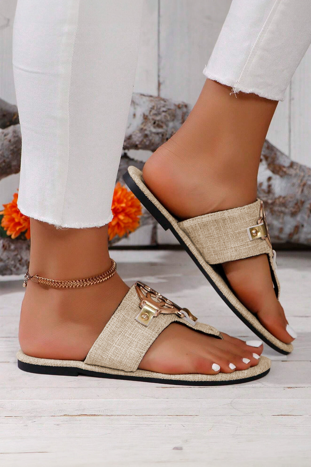 Metal Decor Thong Slippers - Threaded Pear