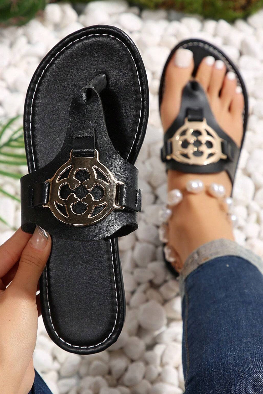 Metal Decor Thong Slippers - Threaded Pear