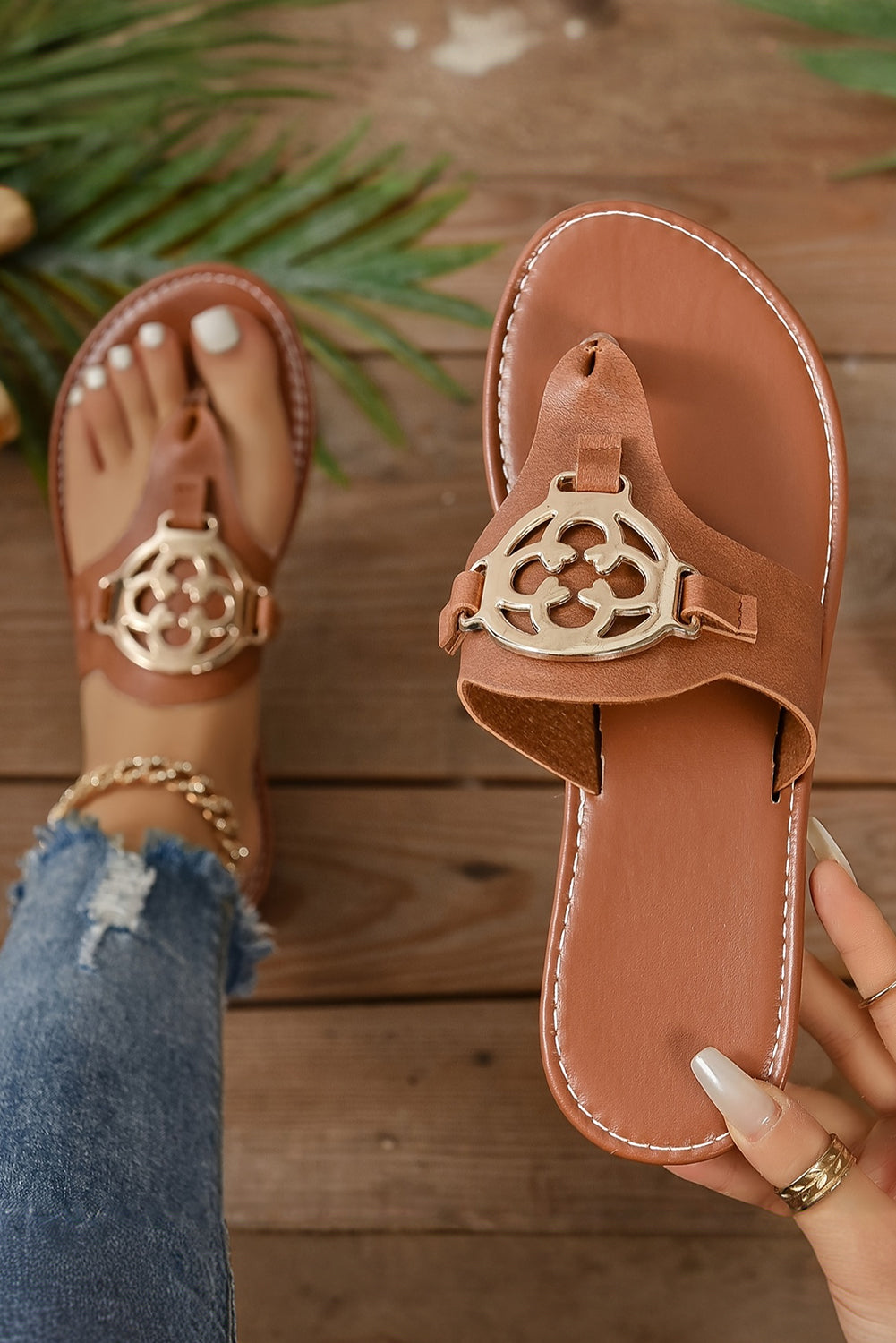 Metal Decor Thong Slippers - Threaded Pear