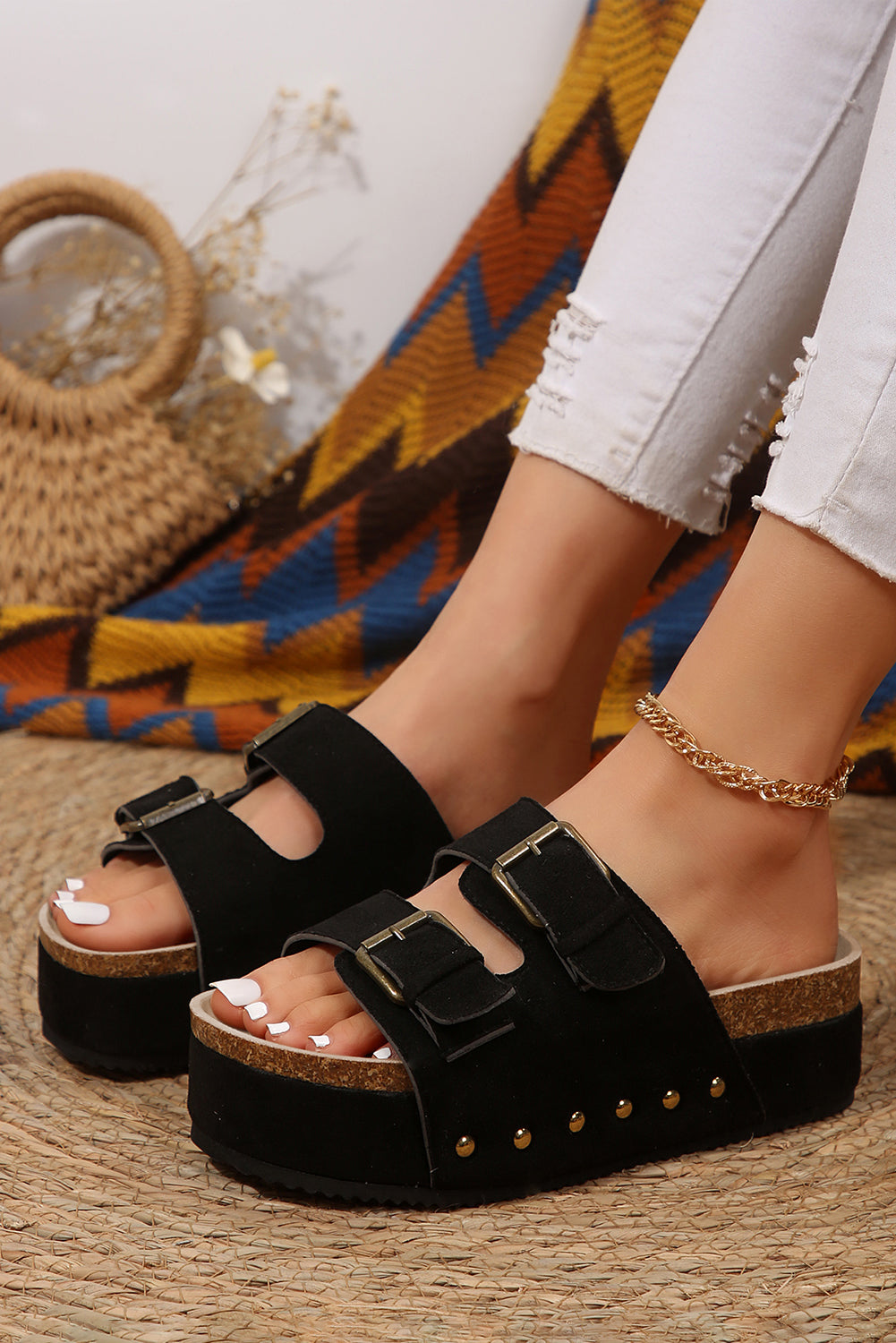 Suede Buckle Decor Footbed Sandal Slippers - Threaded Pear