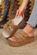 Suede Buckle Decor Footbed Sandal Slippers - Threaded Pear