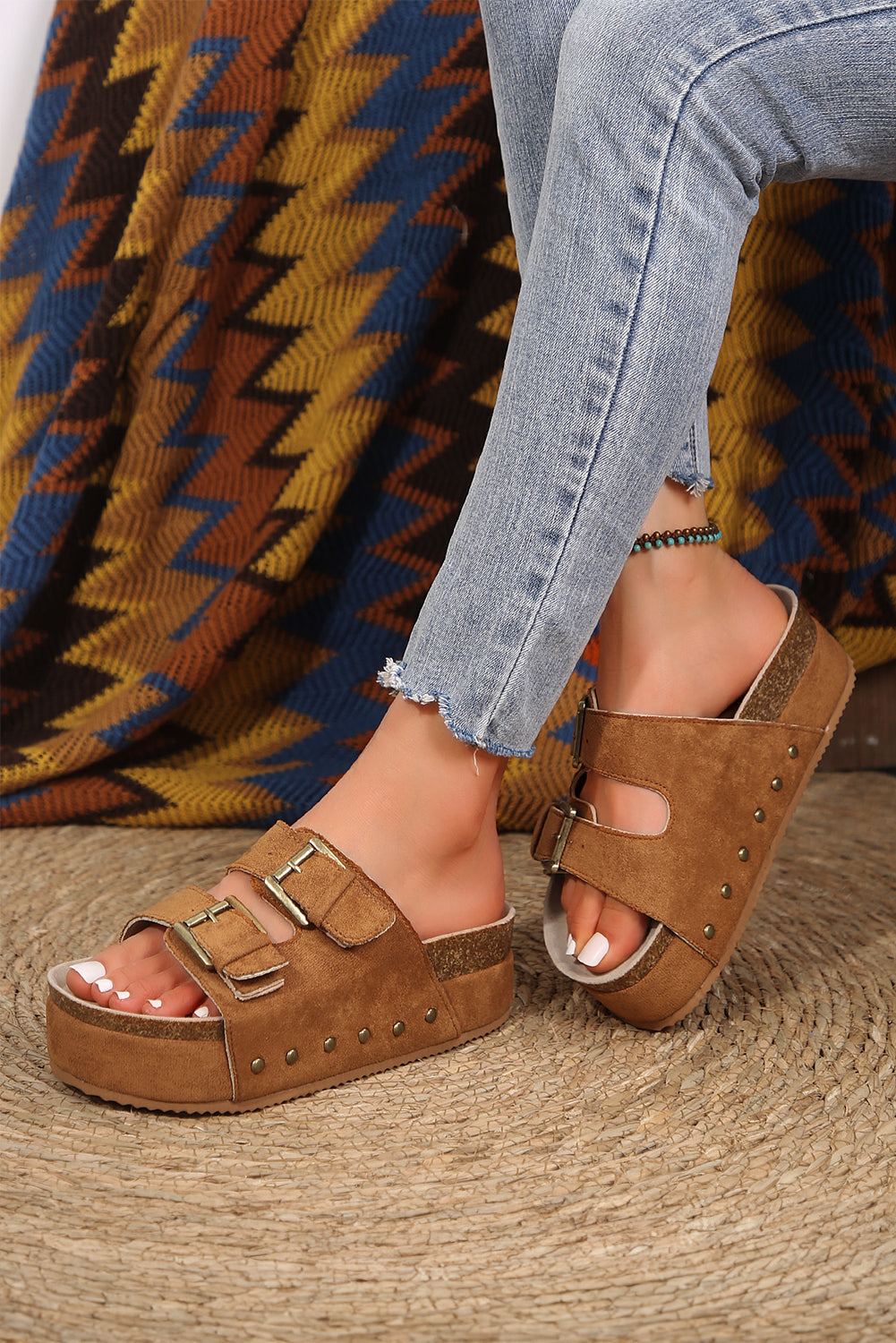 Suede Buckle Decor Footbed Sandal Slippers - Threaded Pear
