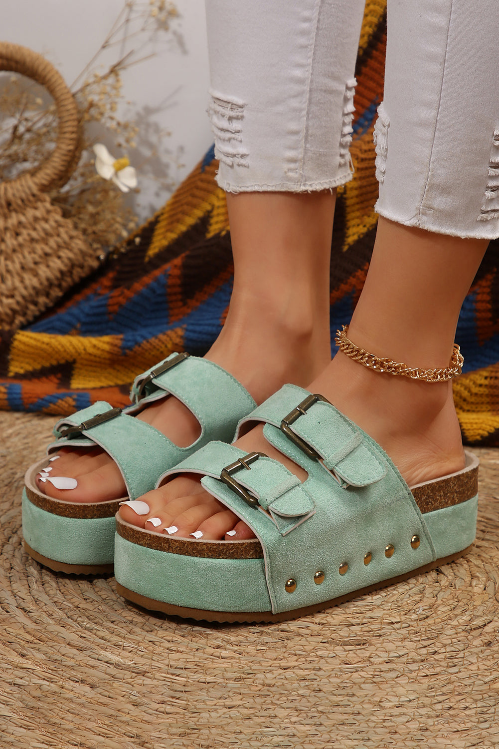 Suede Buckle Decor Footbed Sandal Slippers - Threaded Pear