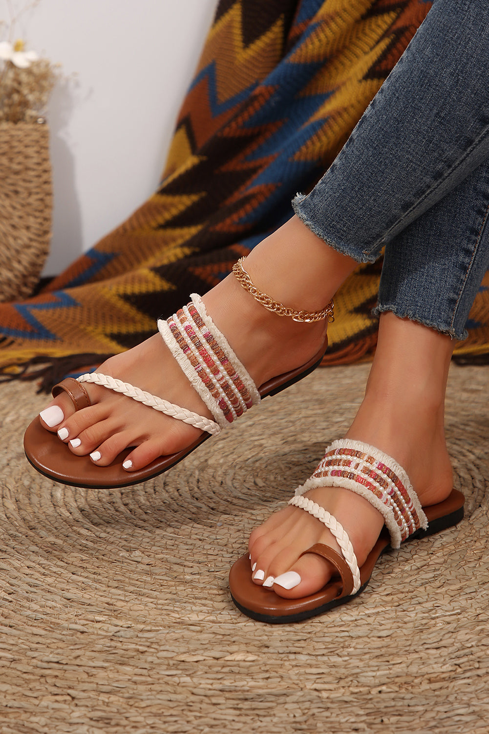 Beaded Embroidered Braided Strap Thong Slippers - Threaded Pear