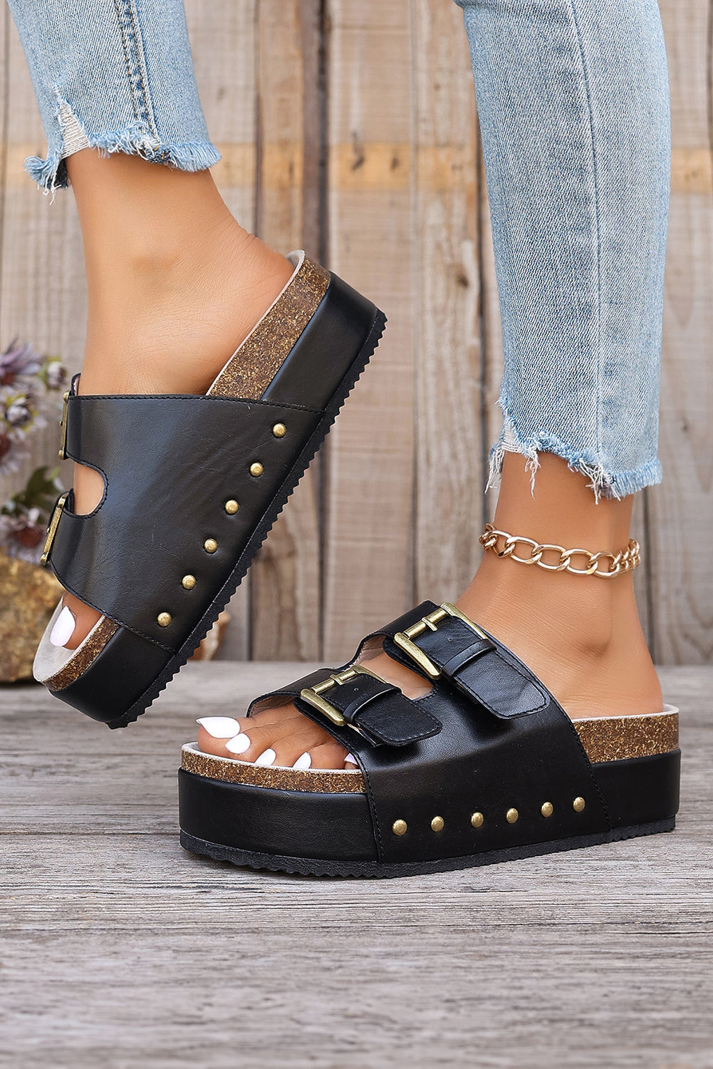 Dual Buckle Studded Platform Sandal Slippers - Threaded Pear