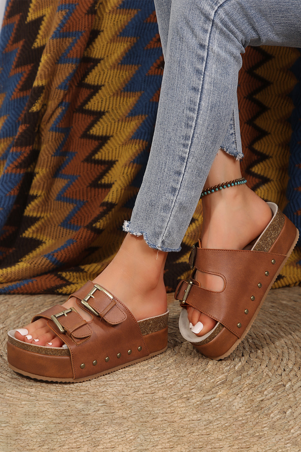 Dual Buckle Studded Platform Sandal Slippers - Threaded Pear
