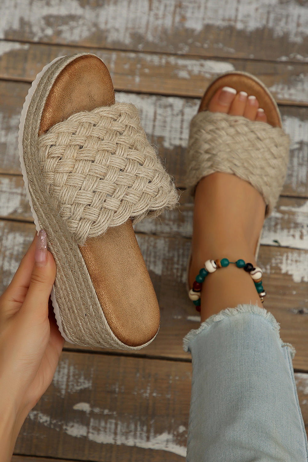 Woven Wide Band Platform Slippers - Threaded Pear