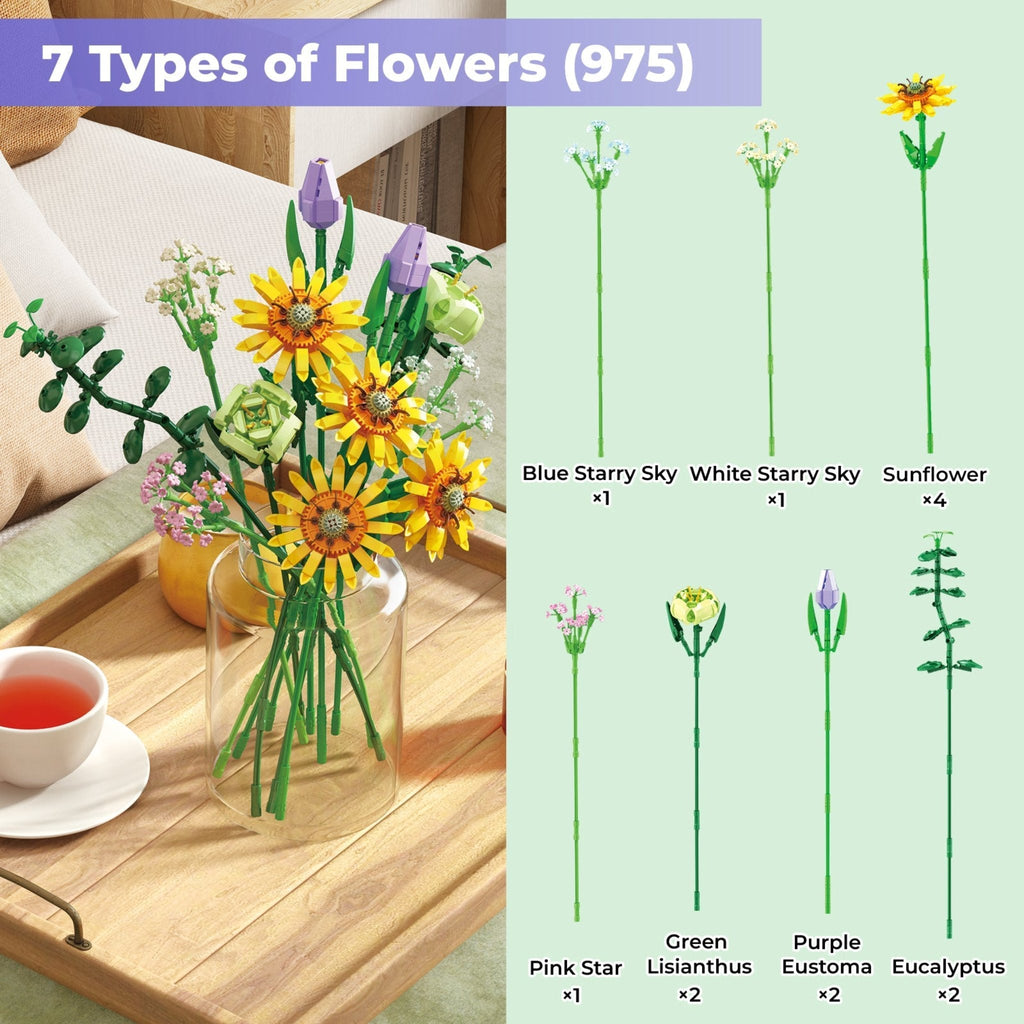 Contixo Sunflower Bouquet Building Set - 975 Pcs, DIY Floral STEM Kit, Home Deco by Contixo