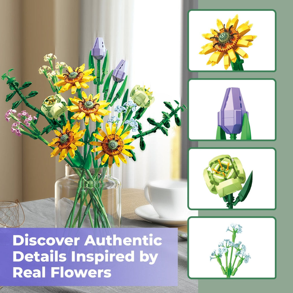 Contixo Sunflower Bouquet Building Set - 975 Pcs, DIY Floral STEM Kit, Home Deco by Contixo