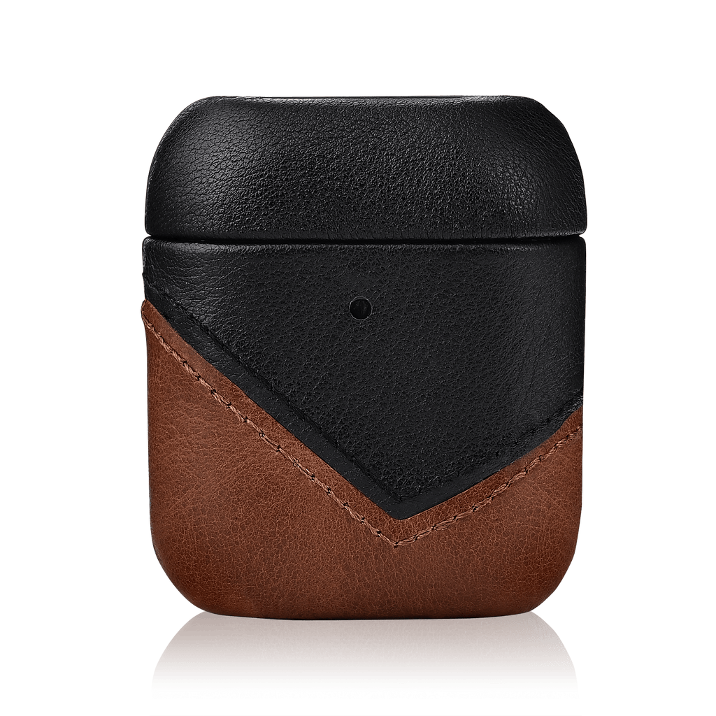Black and brown leather protective AirPods case with V-shaped stitched front panel