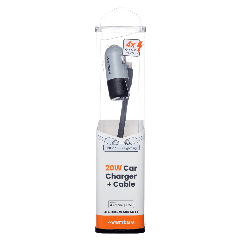 Ventev 20W ULTRAFAST USB-C Universal Car Charger and USB-C to Apple Lightning Cable by Ventev