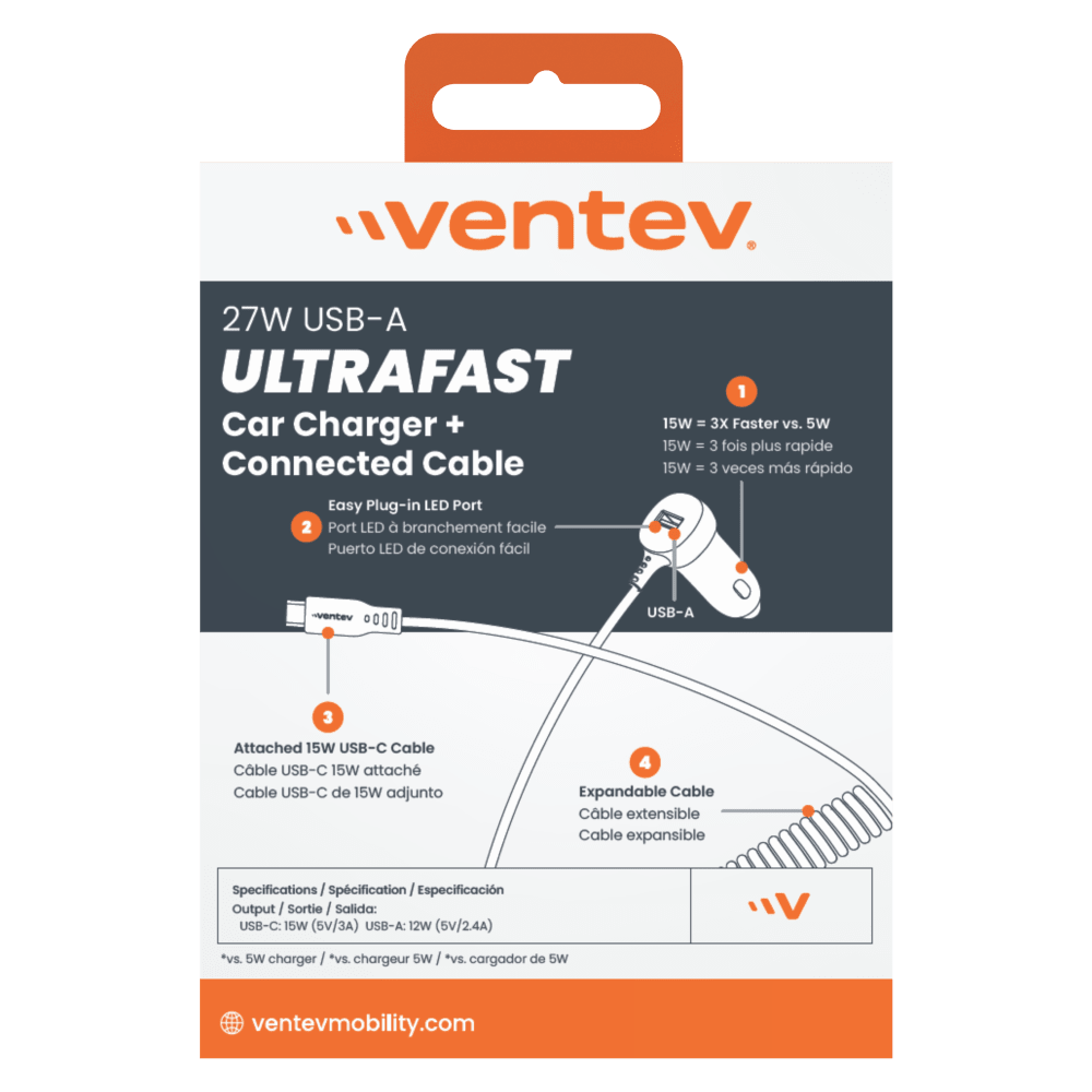 Ventev 27W ULTRAFAST Dual Car Charger with USB-C Travel Cable by Ventev