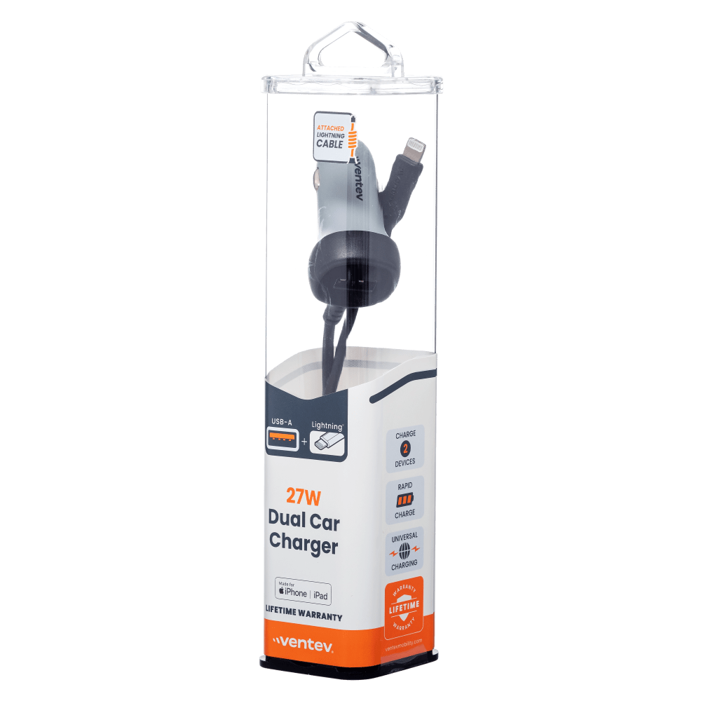 Ventev 27W ULTRAFAST Dual Car Charger with Apple Lightning Travel Cable by Ventev