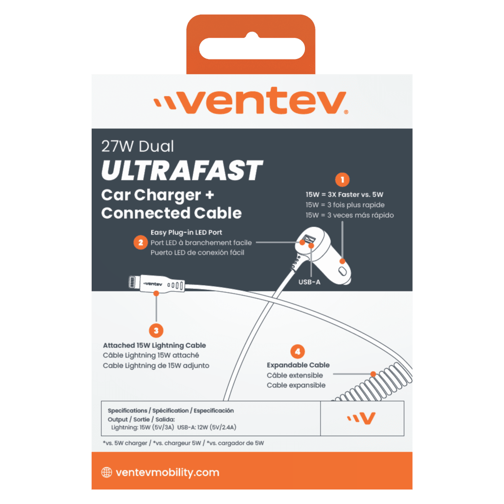 Ventev 27W ULTRAFAST Dual Car Charger with Apple Lightning Connected Travel Cable by Ventev
