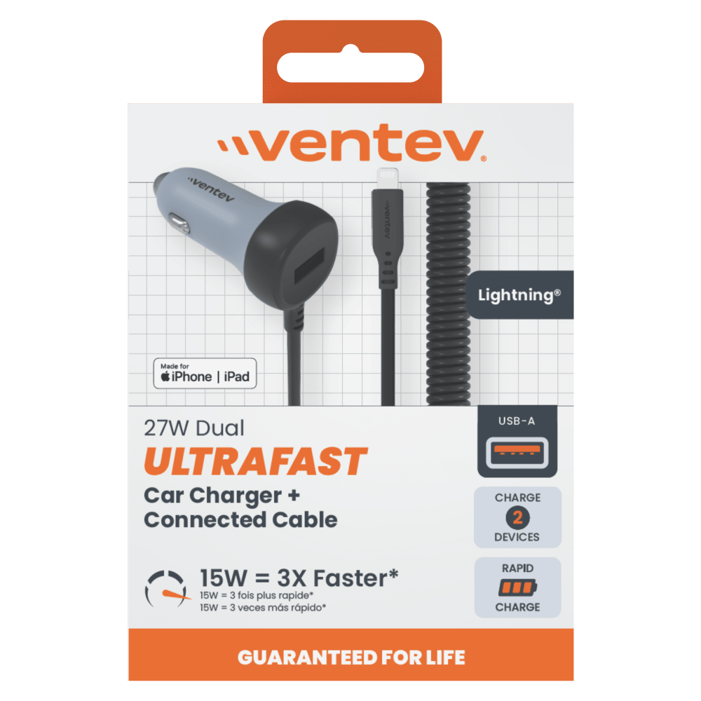 Ventev 27W ULTRAFAST Dual Car Charger with Apple Lightning Connected Travel Cable by Ventev