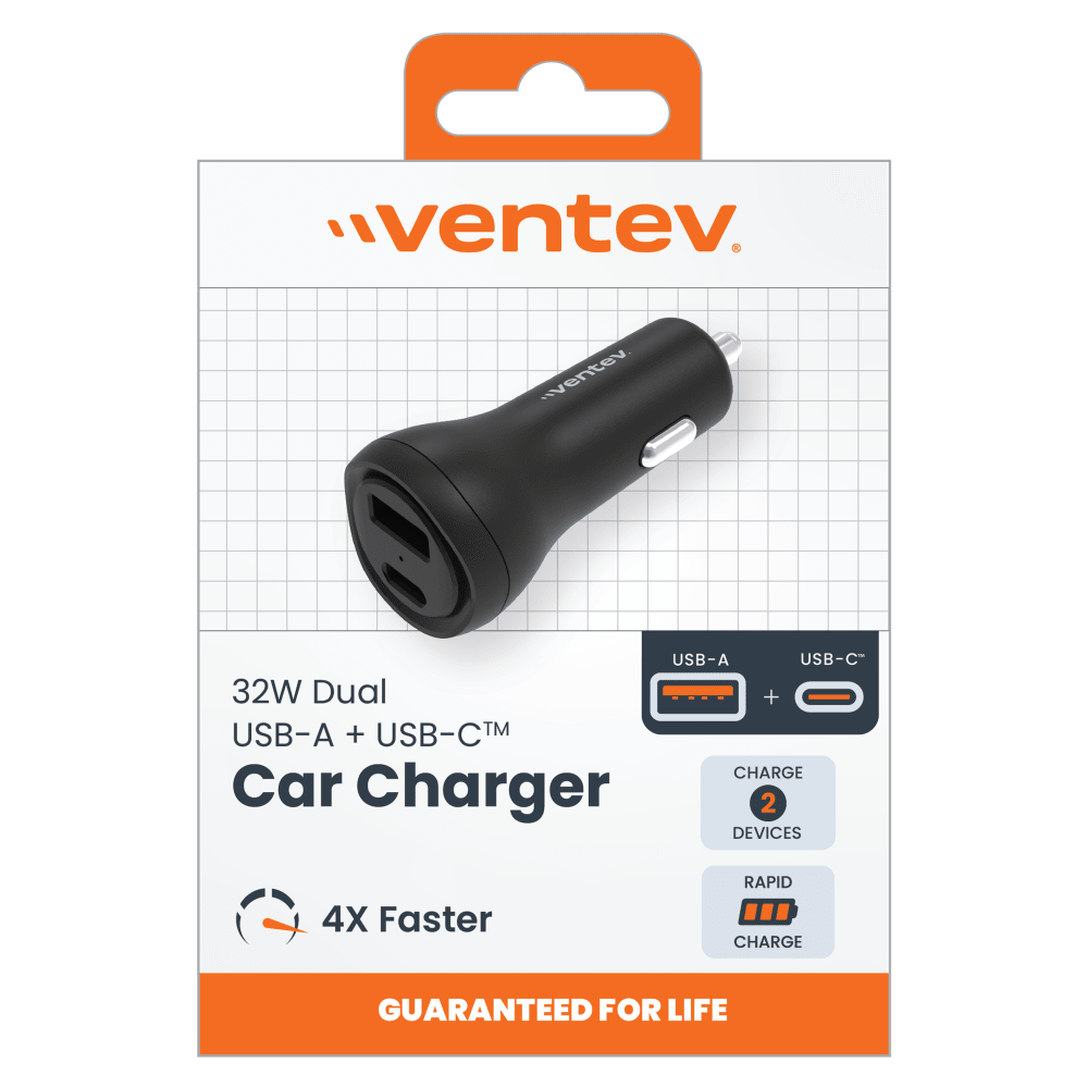 Ventev 32W ULTRAFAST USB-C and USB-A Universal Dual Car Charger by Ventev
