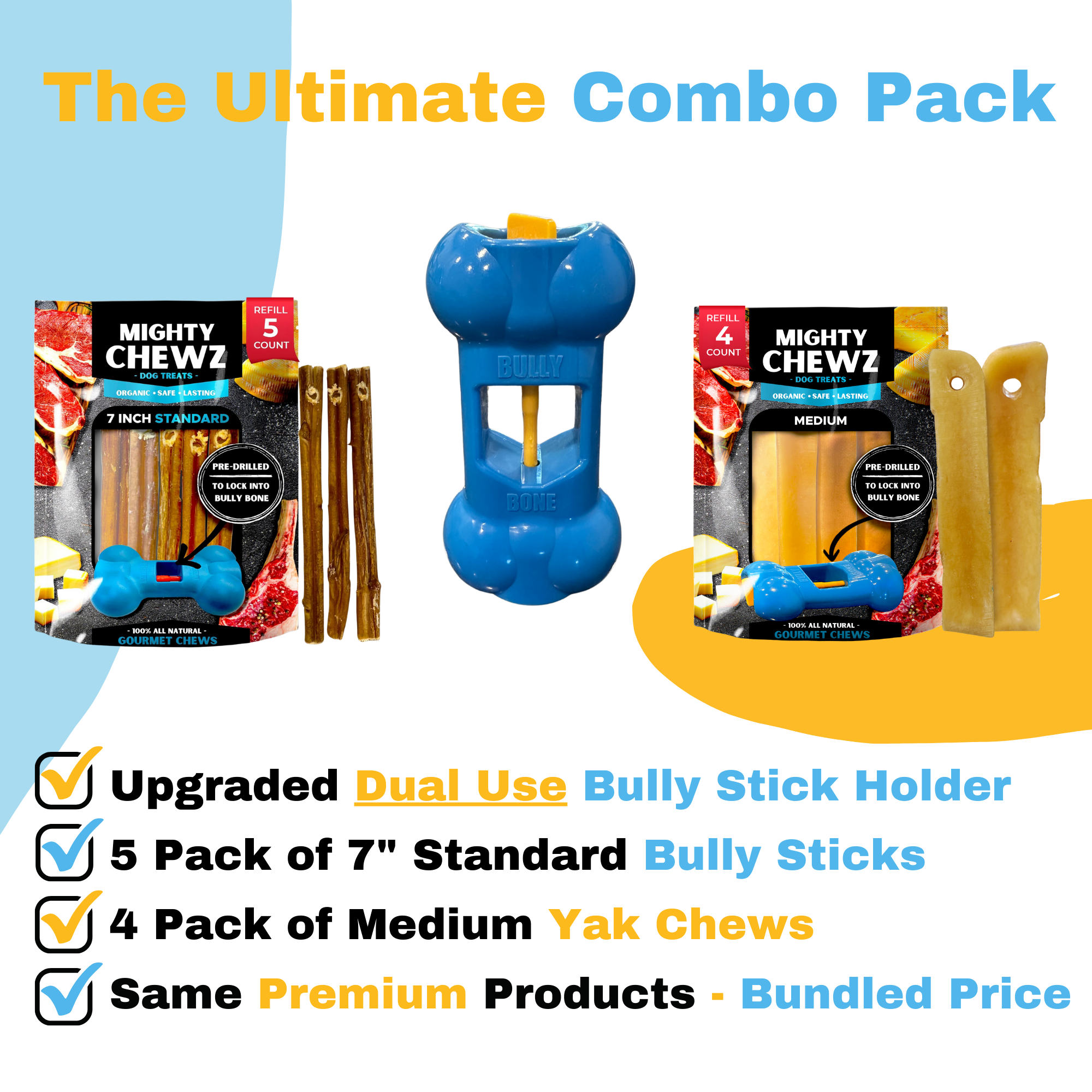 Medium Yak Cheese, Bully Stick and Bully Bone Pro Combo Pack by Mighty Chewz