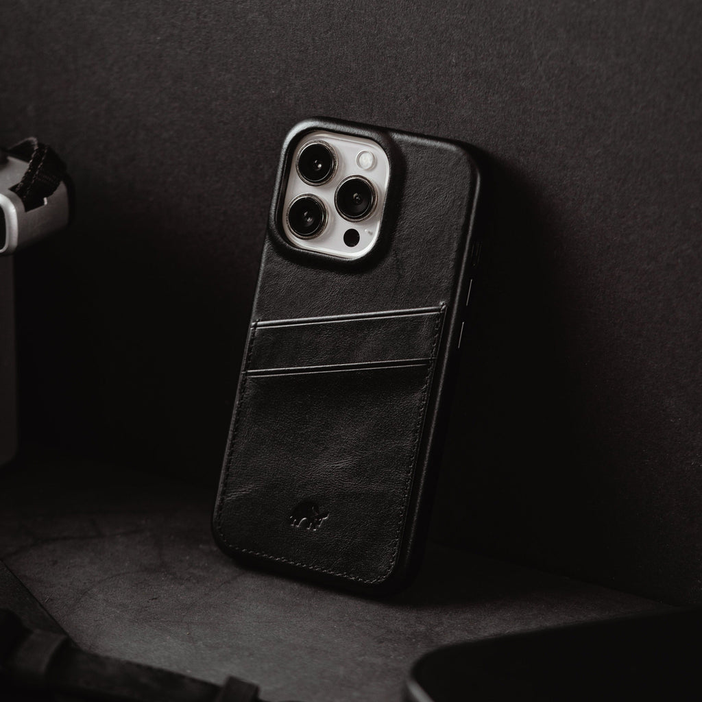 Black leather iPhone case with card slots on the back