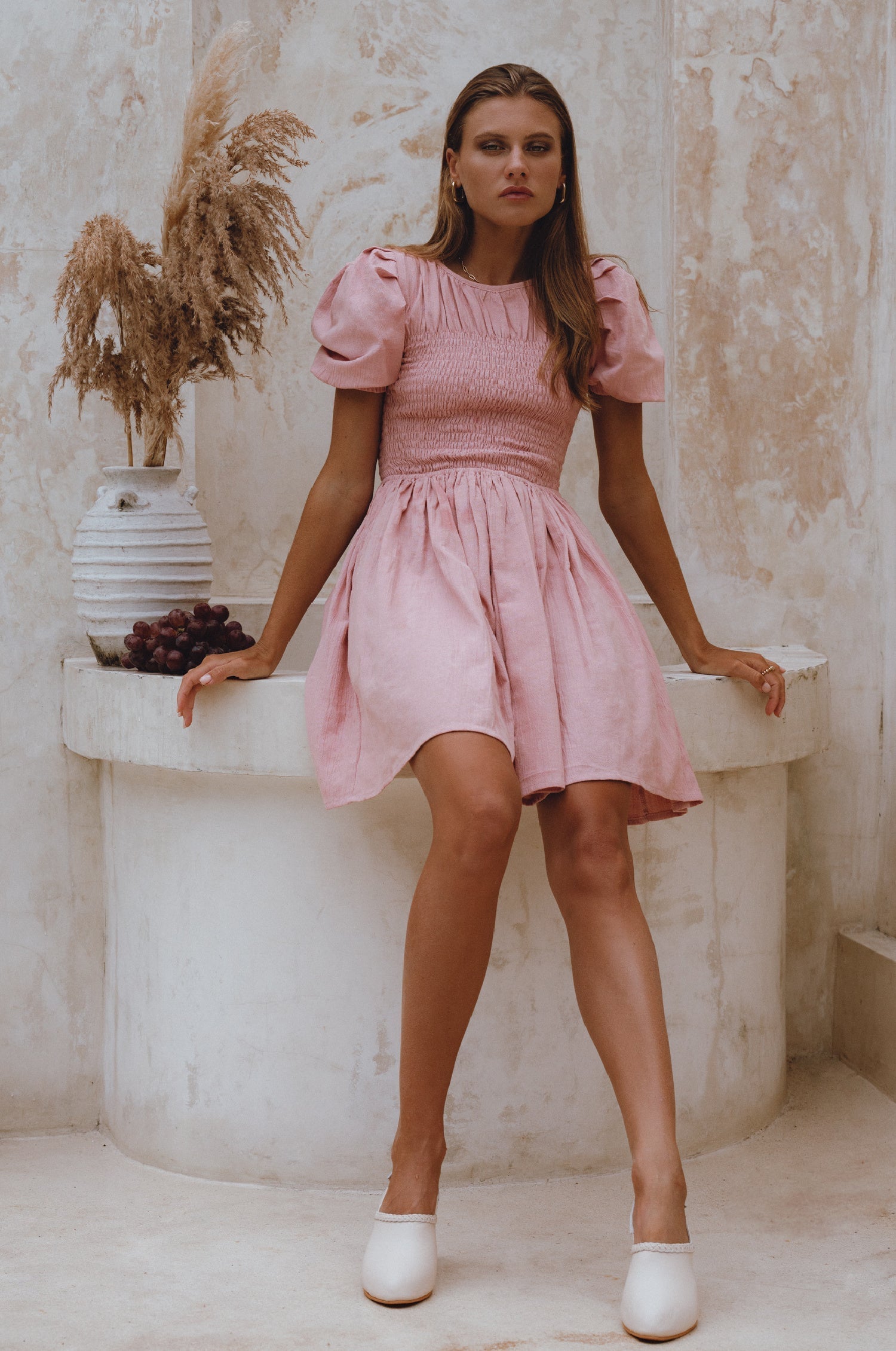 Elodie Smocked Linen Mini Dress