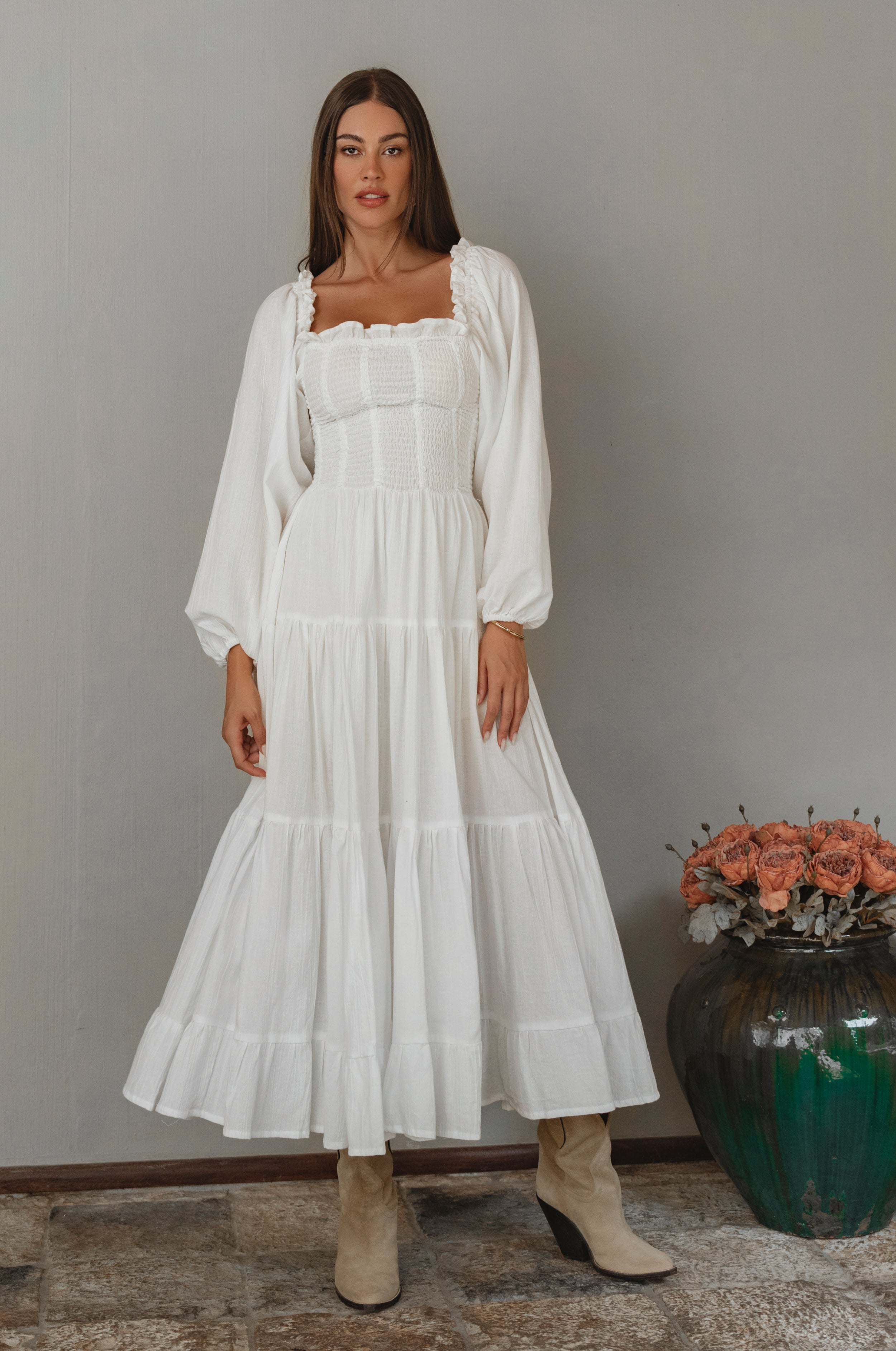 Evangeline Tiered Linen Midi Dress