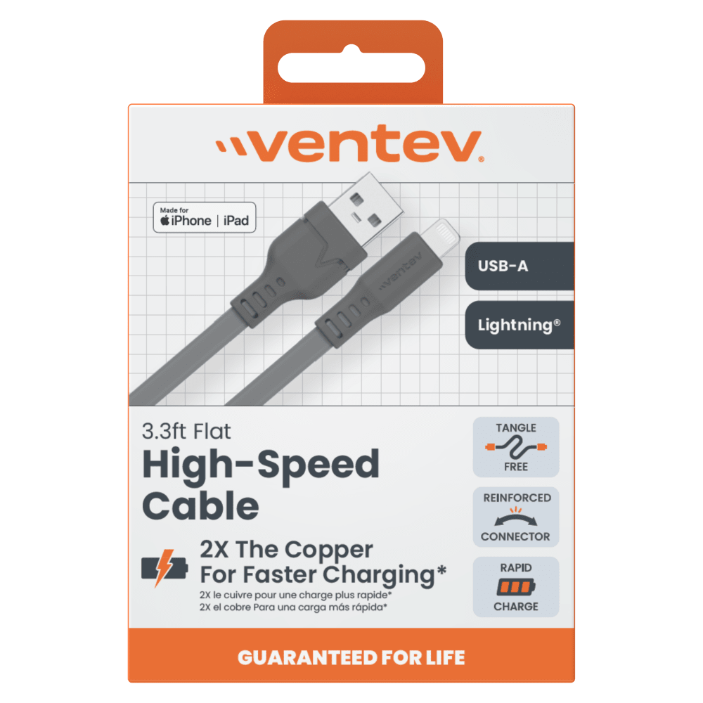 Ventev Flat USB-A to Apple Lightning High Speed Tangle-Free 3 Foot Cable by Ventev