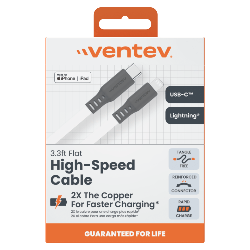 Ventev Flat USB-C to Apple Lightning High Speed Tangle-Free 3 Foot Cable by Ventev