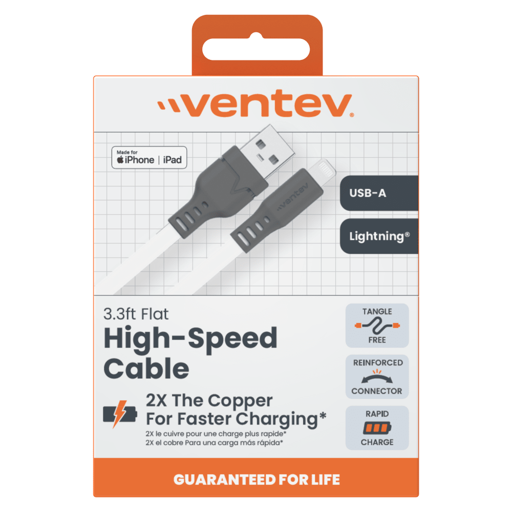 Ventev Flat USB-A to Apple Lightning High Speed Tangle-Free 3 Foot Cable by Ventev