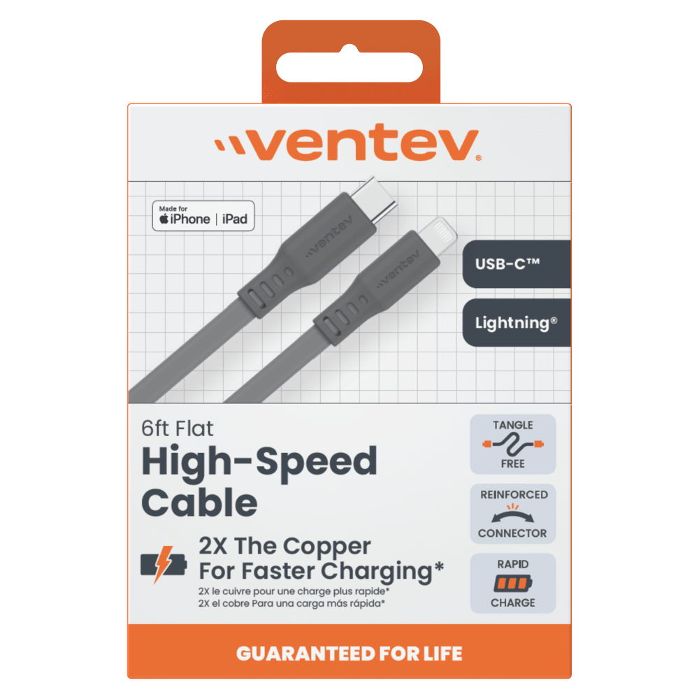 Ventev Flat USB-C to Apple Lightning High Speed Tangle-Free 6 Foot Cable by Ventev
