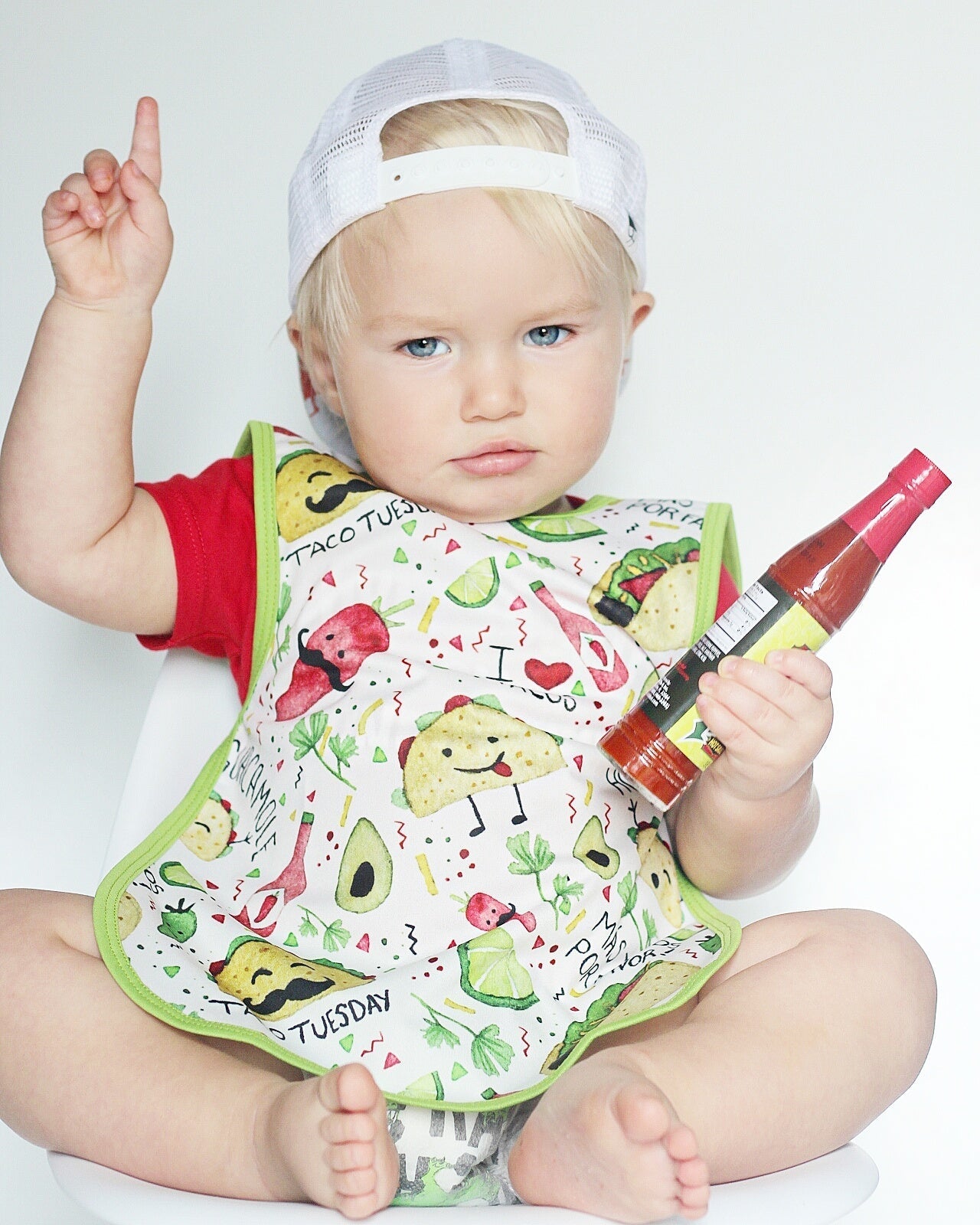 Taco bapron for full coverage mealtime mess protection.