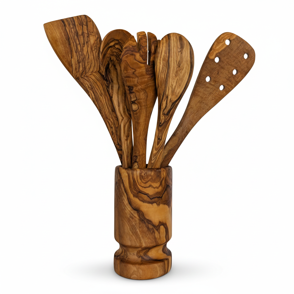 Olive Wood Kitchen Servers Set W/Holder -6 Pcs
