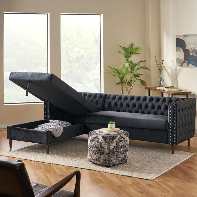 Tufted Velvet Sectional Storage Sofa With Chaise Lounge